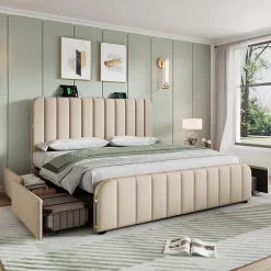 Okwish Lit avec rangement 180x200 cm - Lit double rembourré avec fonction USB Type-C et 4 tiroirs - Lin - Sans Matelas - Beige
