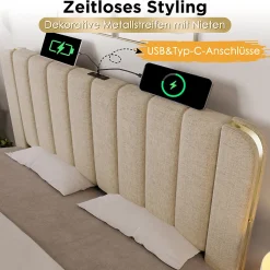 Okwish Lit avec rangement 180x200 cm - Lit double rembourré avec fonction USB Type-C et 4 tiroirs - Lin - Sans Matelas - Beige