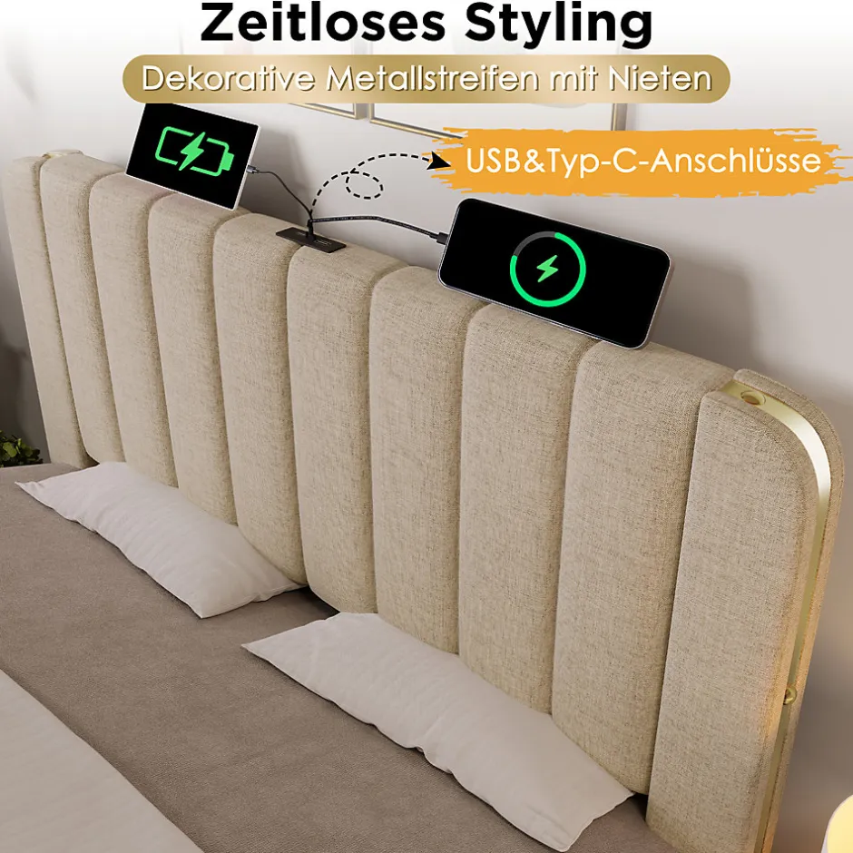Okwish Lit avec rangement 180x200 cm - Lit double rembourré avec fonction USB Type-C et 4 tiroirs - Lin - Sans Matelas - Beige