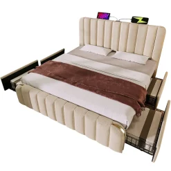Okwish Lit avec rangement 180x200 cm - Lit double rembourré avec fonction USB Type-C et 4 tiroirs - Lin - Sans Matelas - Beige