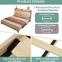 Okwish Lit avec Rangement 160x200 cm - Lit Double en Bois avec Velours Côtelé et LED - Sans Matelas - Chêne Clair et Beige Hot
