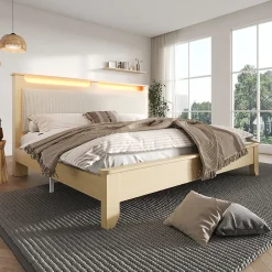 Okwish Lit avec Rangement 160x200 cm - Lit Double en Bois avec Velours Côtelé et LED - Sans Matelas - Chêne Clair et Beige Hot
