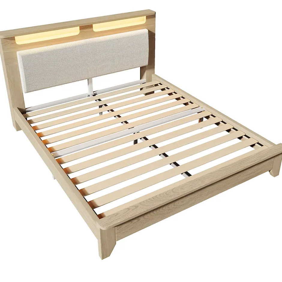 Okwish Lit avec Rangement 160x200 cm - Lit Double en Bois avec Velours Côtelé et LED - Sans Matelas - Chêne Clair et Beige Hot