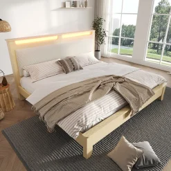 Okwish Lit avec Rangement 140x200 cm - Lit Double avec LED et Velours Côtelé, Sans Matelas - Beige et Chêne Clair