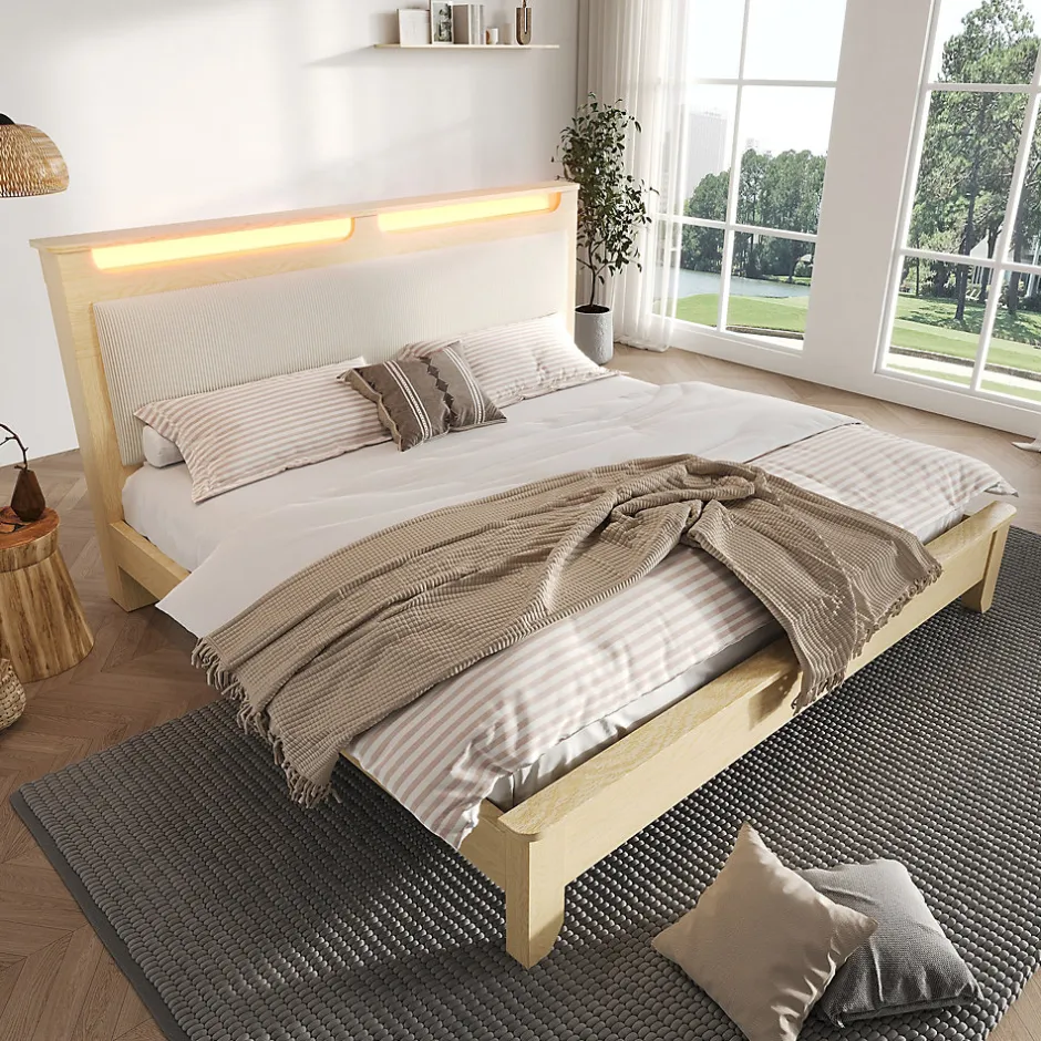 Okwish Lit avec Rangement 140x200 cm - Lit Double avec LED et Velours Côtelé, Sans Matelas - Beige et Chêne Clair