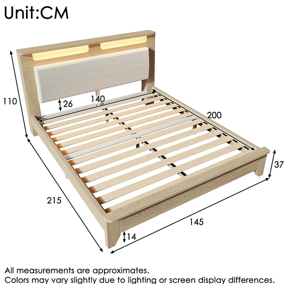Okwish Lit avec Rangement 140x200 cm - Lit Double avec LED et Velours Côtelé, Sans Matelas - Beige et Chêne Clair