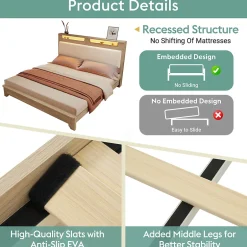 Okwish Lit avec Rangement 140x200 cm - Lit Double avec LED et Velours Côtelé, Sans Matelas - Beige et Chêne Clair