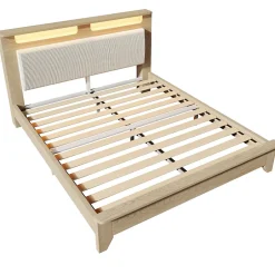 Okwish Lit avec Rangement 140x200 cm - Lit Double avec LED et Velours Côtelé, Sans Matelas - Beige et Chêne Clair