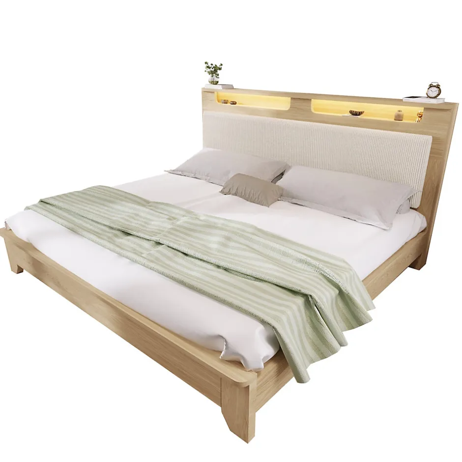Okwish Lit avec Rangement 140x200 cm - Lit Double avec LED et Velours Côtelé, Sans Matelas - Beige et Chêne Clair