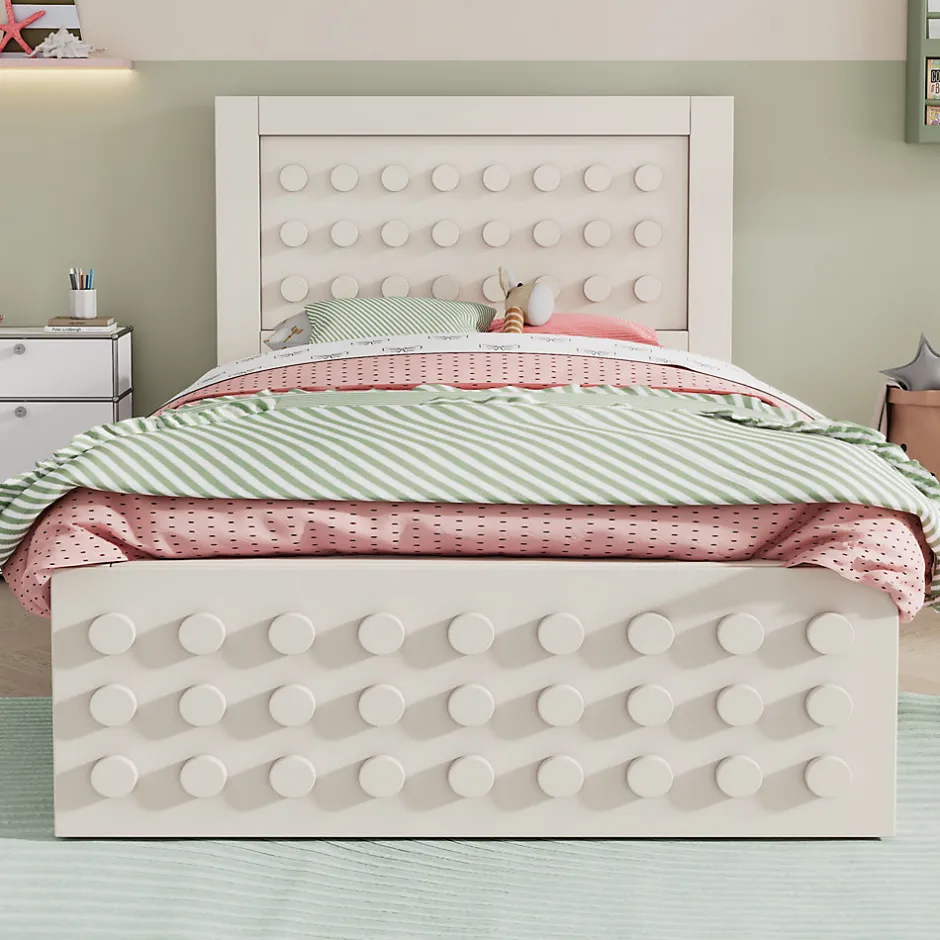 Okwish Lit avec rangement 90x200 cm - Lit simple avec tiroirs intégrés et design créatif - en MDF et bois massif - Blanc - Sans matelas