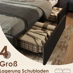 Okwish Lit avec Rangement 140x200 cm - Lit Double Capitonné avec 4 Tiroirs, Bandeau LED et Tête Réglable, Sans Matelas, PU, Noir Hot