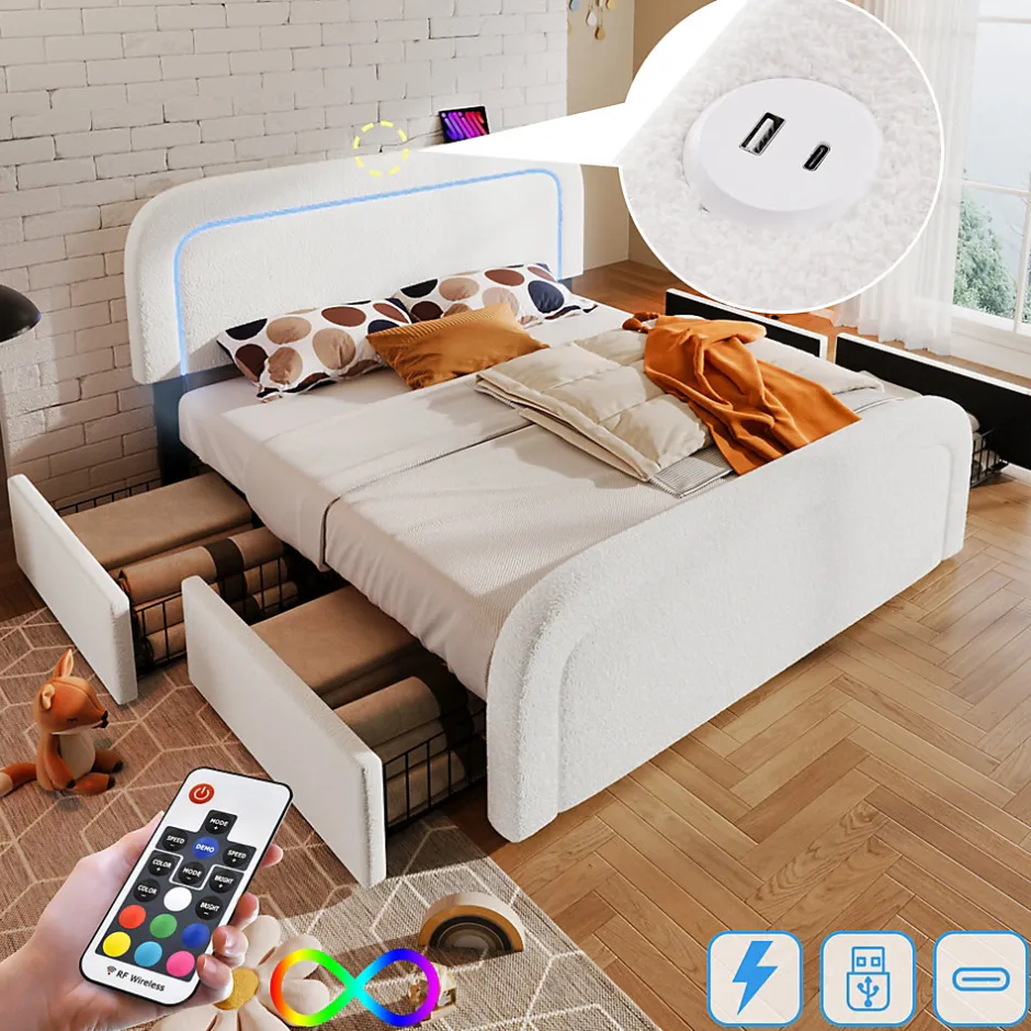 Okwish Lit avec rangement 140x200 cm - Lit double rembourré avec 4 tiroirs et fonction de chargement USB - Sherpa - Sans Matelas - Blanc