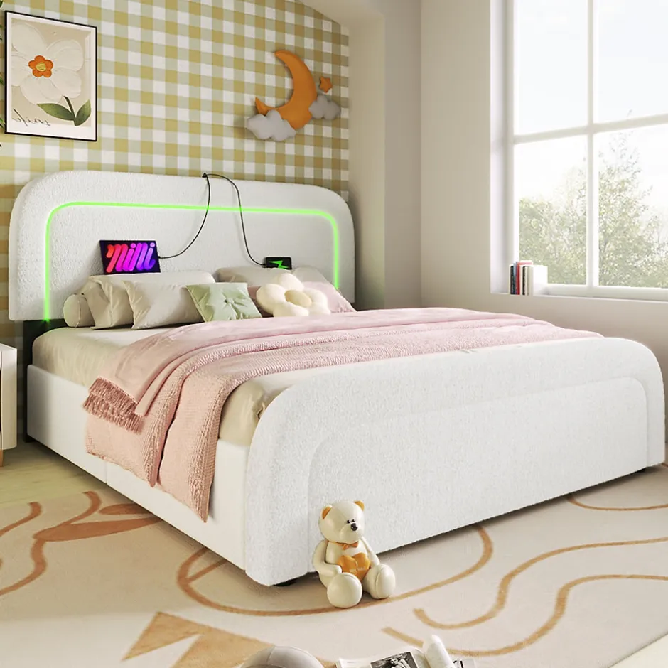 Okwish Lit avec rangement 140x200 cm - Lit double rembourré avec 4 tiroirs et fonction de chargement USB - Sherpa - Sans Matelas - Blanc