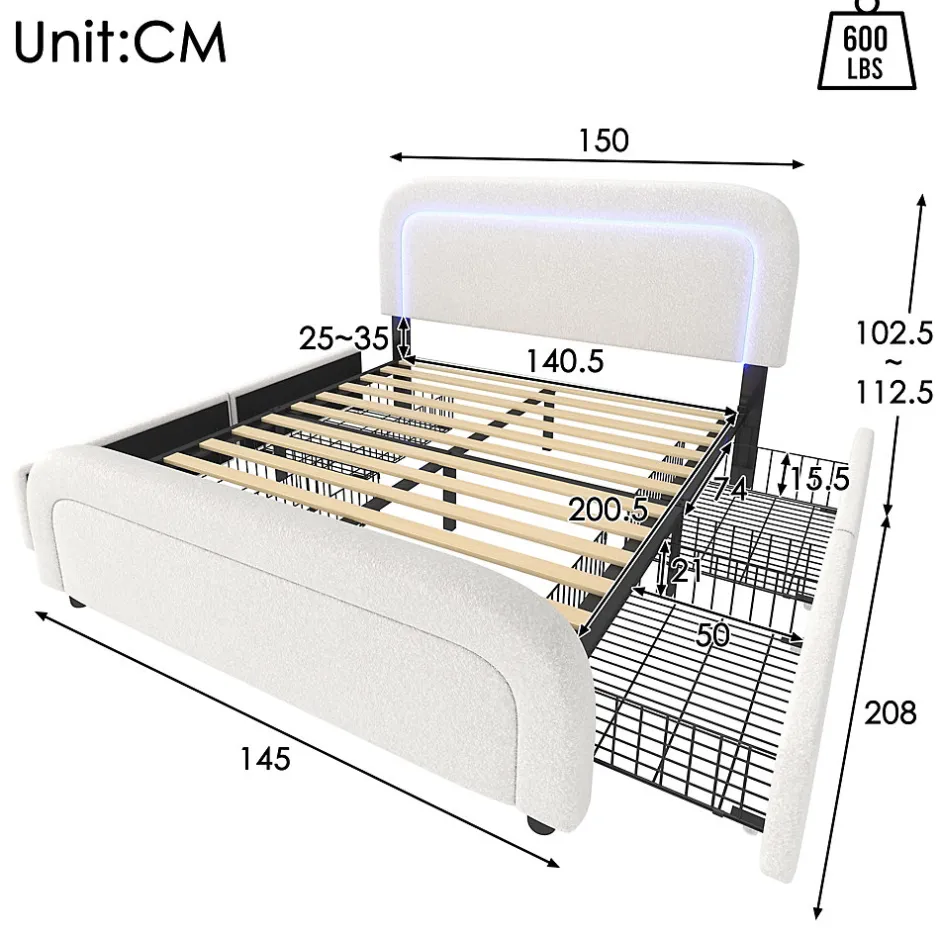 Okwish Lit avec rangement 140x200 cm - Lit double rembourré avec 4 tiroirs et fonction de chargement USB - Sherpa - Sans Matelas - Blanc
