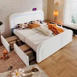 Okwish Lit avec rangement 140x200 cm - Lit double rembourré avec 4 tiroirs et fonction de chargement USB - Sherpa - Sans Matelas - Blanc
