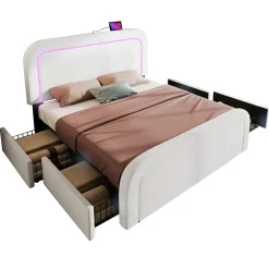 Okwish Lit avec rangement 140x200 cm - Lit double rembourré avec 4 tiroirs et fonction de chargement USB - Sherpa - Sans Matelas - Blanc