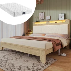 Okwish Lit avec Rangement 160x200 cm - Lit Double avec Matelas Inclus, LED et Tête de Lit Corduroy, Chêne Clair et Beige