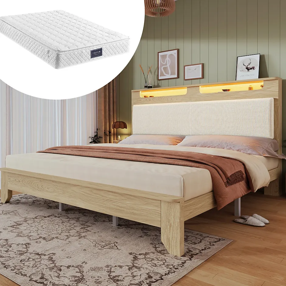Okwish Lit avec Rangement 160x200 cm - Lit Double avec Matelas Inclus, LED et Tête de Lit Corduroy, Chêne Clair et Beige