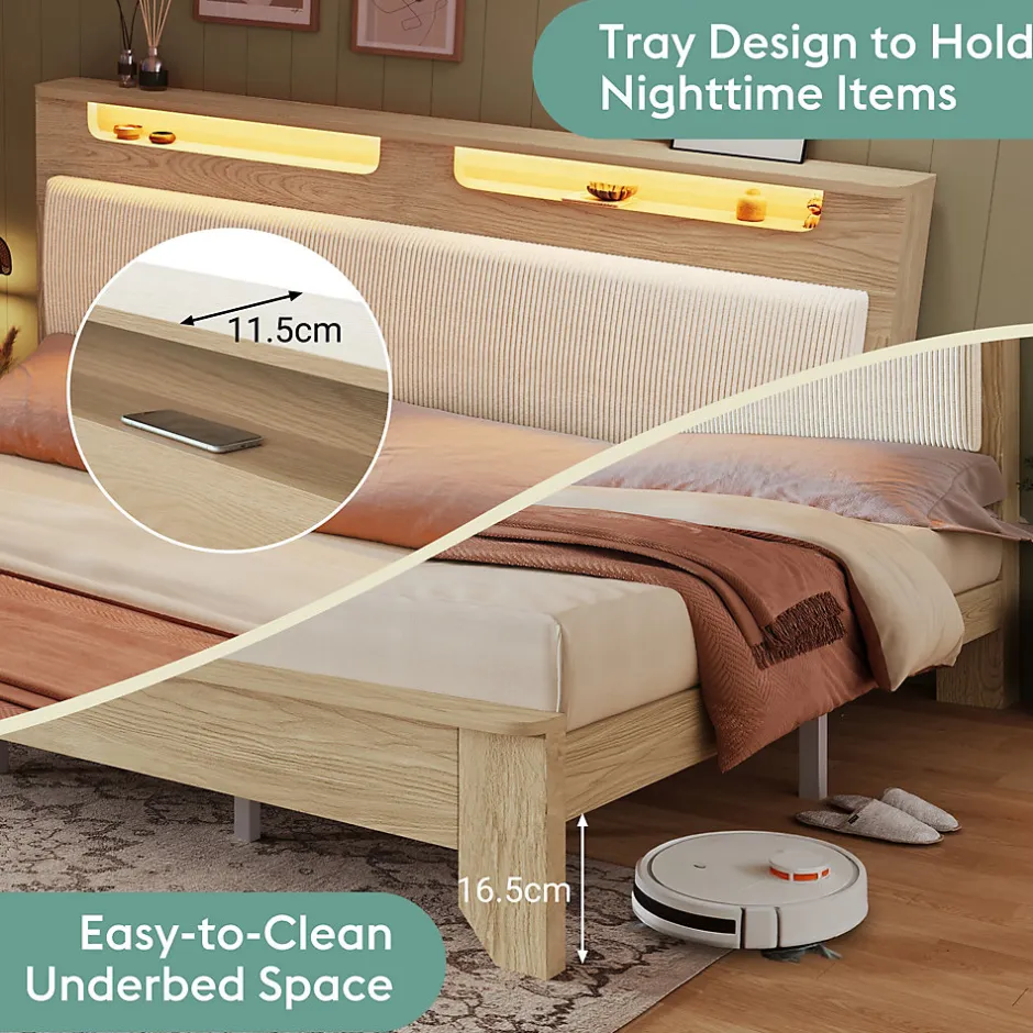 Okwish Lit avec Rangement 160x200 cm - Lit Double avec Matelas Inclus, LED et Tête de Lit Corduroy, Chêne Clair et Beige