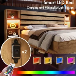 Okwish Lit avec rangement 160x200 cm - Lit double avec tête de lit LED et USB - Bois Massif - Sans Matelas - Chêne Hot