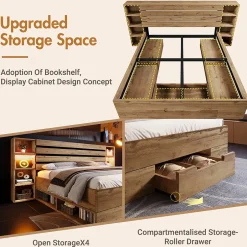 Okwish Lit avec rangement 160x200 cm - Lit double avec tête de lit LED et USB - Bois Massif - Sans Matelas - Chêne Hot