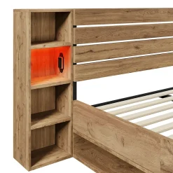 Okwish Lit avec rangement 160x200 cm - Lit double avec tête de lit LED et USB - Bois Massif - Sans Matelas - Chêne Hot