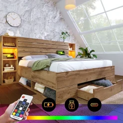 Okwish Lit avec rangement 160x200 cm - Lit double avec tête de lit LED et USB - Bois Massif - Sans Matelas - Chêne Hot