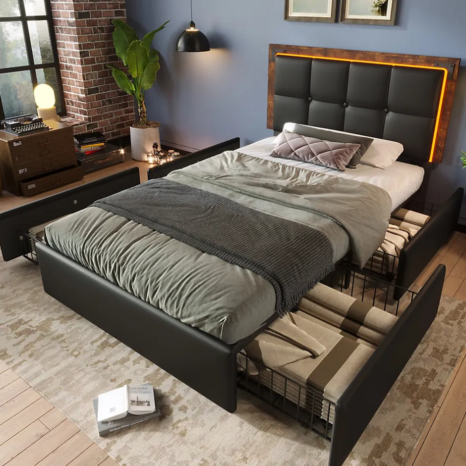 Okwish Lit avec Rangement 90x200 cm - Lit Simple Capitonné avec 4 Tiroirs, Bandeau LED et Tête Réglable, Sans Matelas, PU, Noir