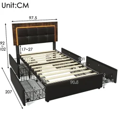 Okwish Lit avec Rangement 90x200 cm - Lit Simple Capitonné avec 4 Tiroirs, Bandeau LED et Tête Réglable, Sans Matelas, PU, Noir