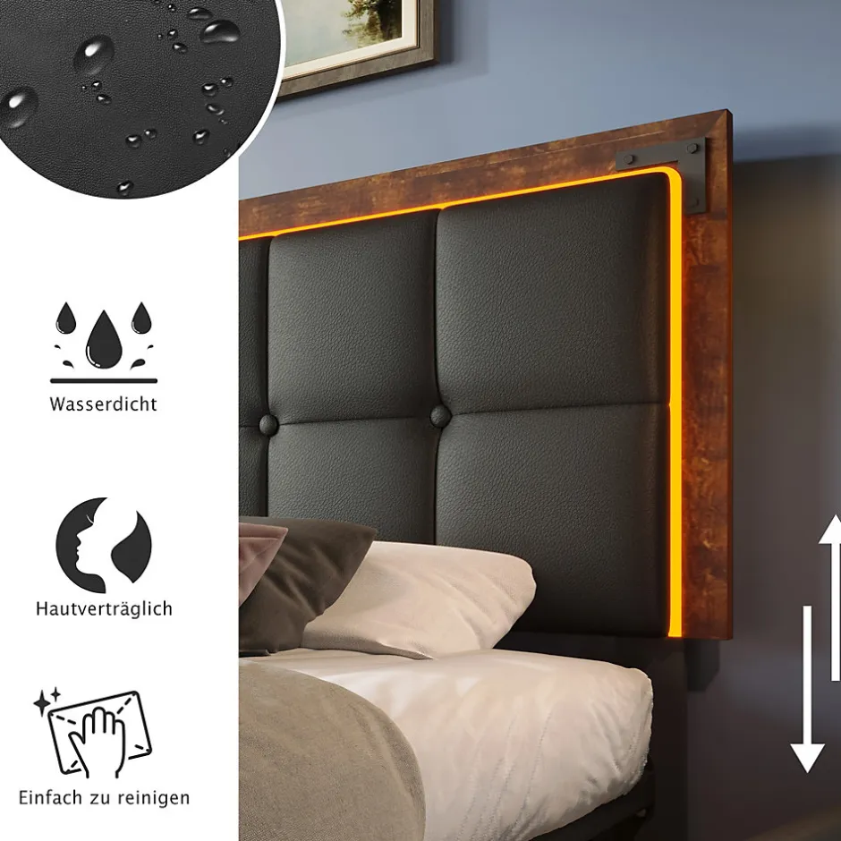Okwish Lit avec Rangement 90x200 cm - Lit Simple Capitonné avec 4 Tiroirs, Bandeau LED et Tête Réglable, Sans Matelas, PU, Noir