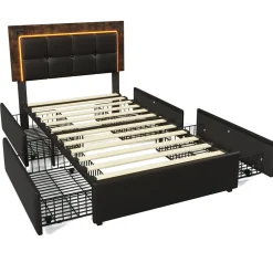 Okwish Lit avec Rangement 90x200 cm - Lit Simple Capitonné avec 4 Tiroirs, Bandeau LED et Tête Réglable, Sans Matelas, PU, Noir