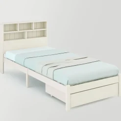 Generique Lit avec rangement 90x200 cm - Lit simple avec tiroirs et tête de lit - Pin massif + MDF - Sans Matelas - Blanc Outlet