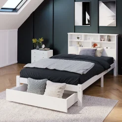 Generique Lit avec rangement 90x200 cm - Lit simple avec tiroirs et tête de lit - Pin massif + MDF - Sans Matelas - Blanc Outlet