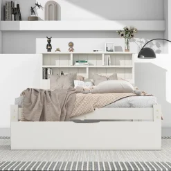Generique Lit avec rangement 90x200 cm - Lit simple avec tiroirs et tête de lit - Pin massif + MDF - Sans Matelas - Blanc Outlet