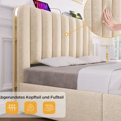 Okwish Lit avec rangement 140x200 cm - Lit double rembourré avec fonction USB Type-C et 4 tiroirs - Lin - Sans Matelas - Beige Outlet