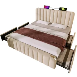 Okwish Lit avec rangement 140x200 cm - Lit double rembourré avec fonction USB Type-C et 4 tiroirs - Lin - Sans Matelas - Beige Outlet