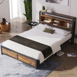 Okwish Lit avec rangement 140x200 cm - Lit double métal avec tête de lit et sommier à lattes - Métal - Sans Matelas - Noir Discount