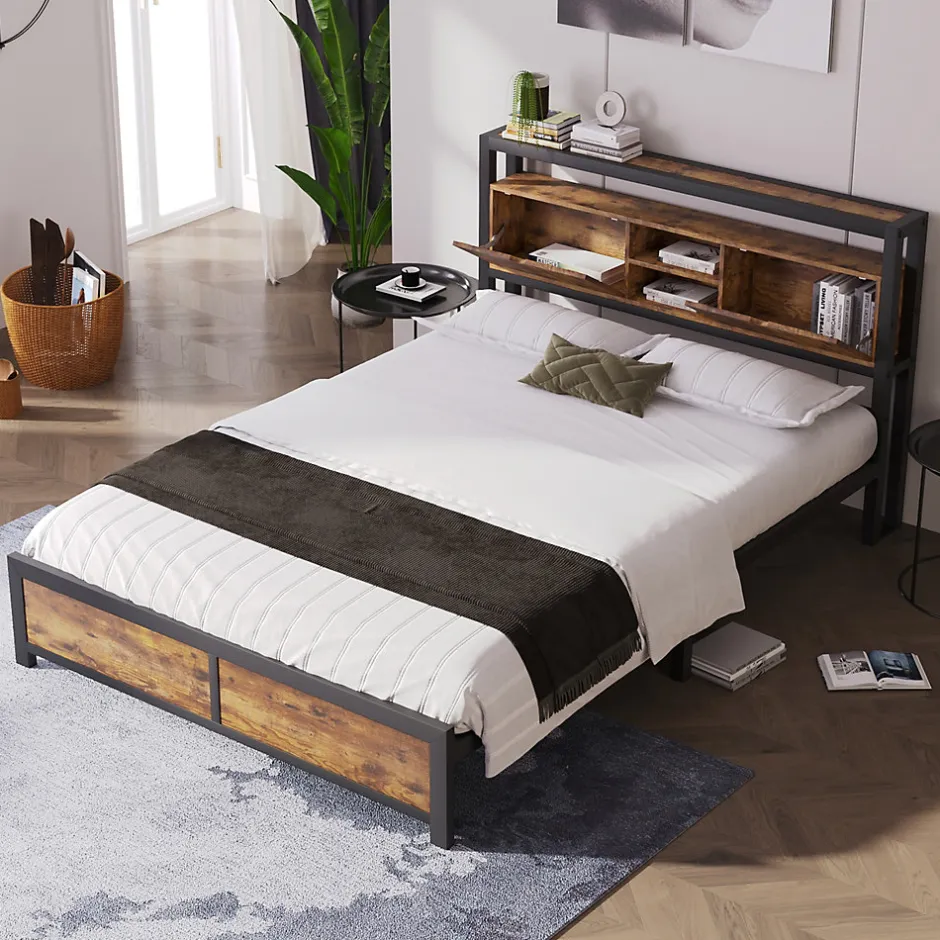 Okwish Lit avec rangement 140x200 cm - Lit double métal avec tête de lit et sommier à lattes - Métal - Sans Matelas - Noir Discount