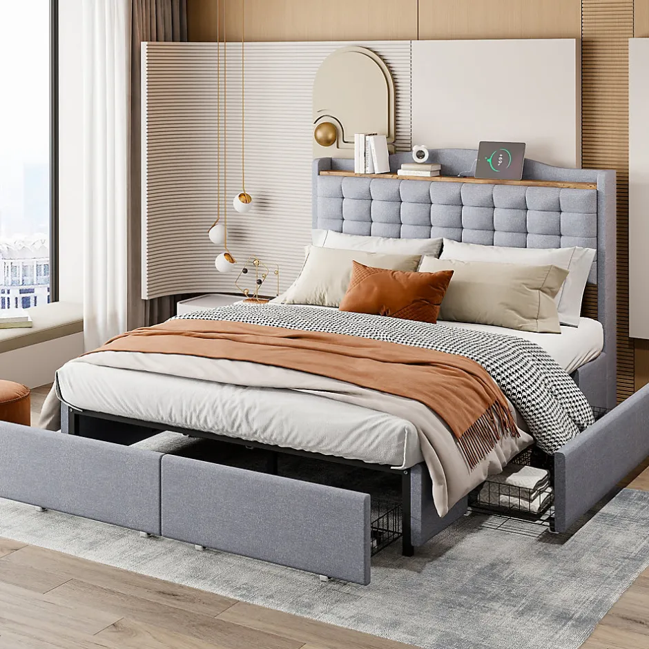 Okwish Lit avec Rangement 140x200 cm - Lit Double avec Port USB, Table de Chevet avec 4 Tiroirs, Sans Matelas, Lin, Gris Clair