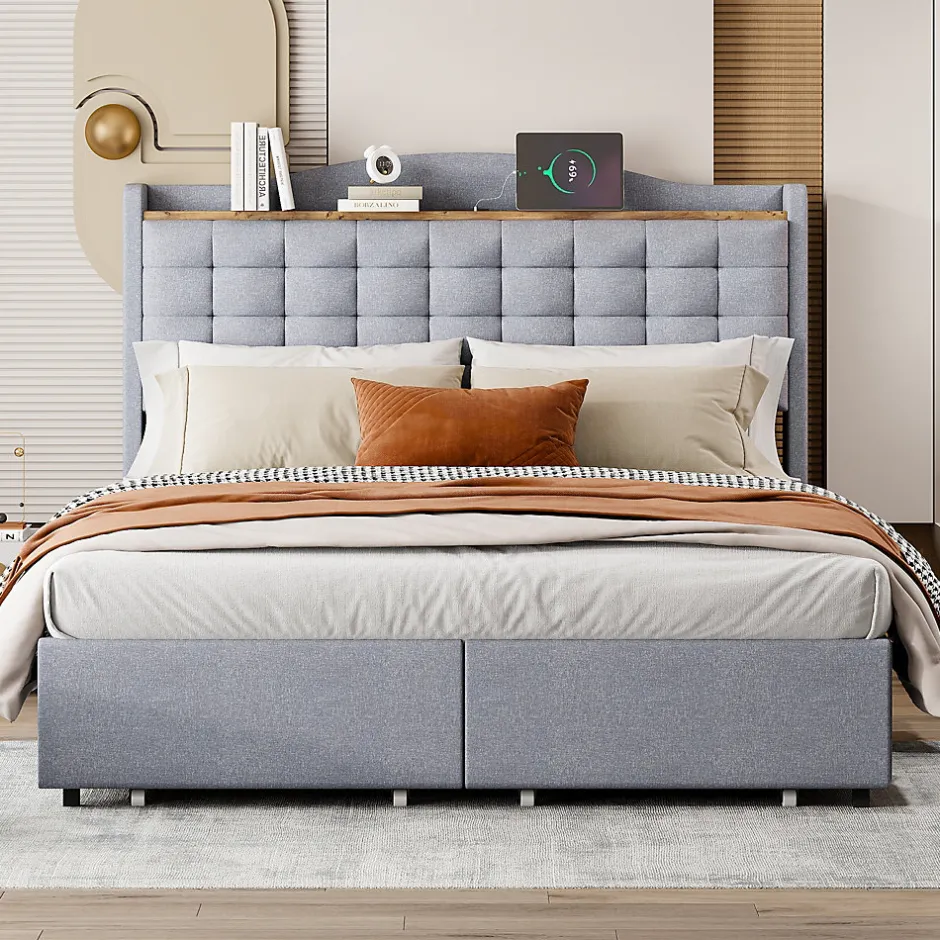 Okwish Lit avec Rangement 140x200 cm - Lit Double avec Port USB, Table de Chevet avec 4 Tiroirs, Sans Matelas, Lin, Gris Clair