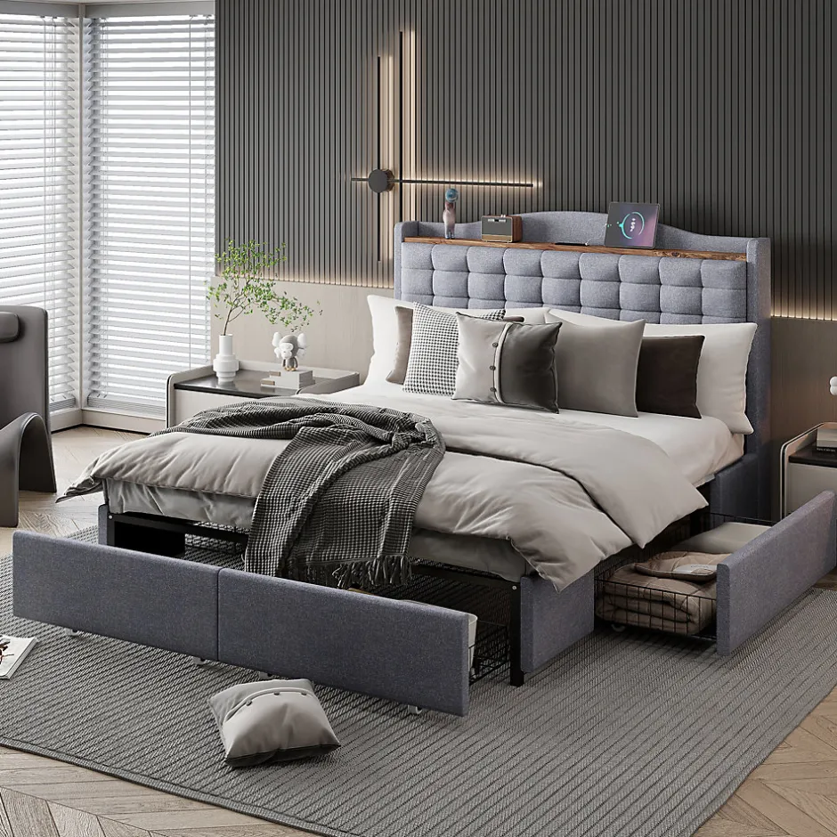 Okwish Lit avec Rangement 140x200 cm - Lit Double avec Port USB, Table de Chevet avec 4 Tiroirs, Sans Matelas, Lin, Gris Clair