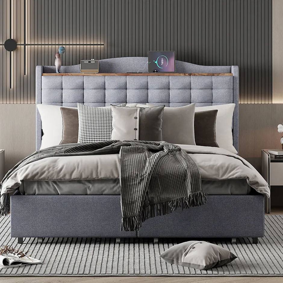 Okwish Lit avec Rangement 140x200 cm - Lit Double avec Port USB, Table de Chevet avec 4 Tiroirs, Sans Matelas, Lin, Gris Clair