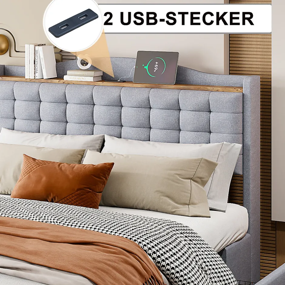 Okwish Lit avec Rangement 140x200 cm - Lit Double avec Port USB, Table de Chevet avec 4 Tiroirs, Sans Matelas, Lin, Gris Clair