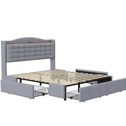 Okwish Lit avec Rangement 140x200 cm - Lit Double avec Port USB, Table de Chevet avec 4 Tiroirs, Sans Matelas, Lin, Gris Clair