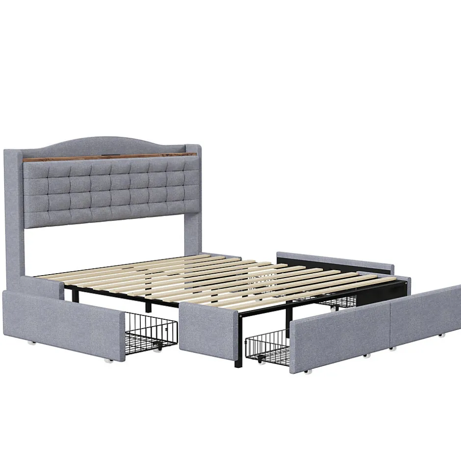 Okwish Lit avec Rangement 140x200 cm - Lit Double avec Port USB, Table de Chevet avec 4 Tiroirs, Sans Matelas, Lin, Gris Clair