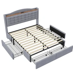 Okwish Lit avec Rangement 140x200 cm - Lit Double avec Port USB, Table de Chevet avec 4 Tiroirs, Sans Matelas, Lin, Gris Clair