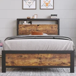 Okwish Lit avec rangement 90x200 cm - Lit Simple Cadre de Lit en Métal - avec Sommier à Lattes - Métal - Sans Matelas - Noir