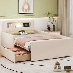 Okwish Lit avec rangement 90x200 cm - Lit enfant capitonné avec veilleuse et port USB - Similicuir + Métal - Sans matelas - Beige