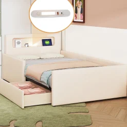 Okwish Lit avec rangement 90x200 cm - Lit enfant capitonné avec veilleuse et port USB - Similicuir + Métal - Sans matelas - Beige