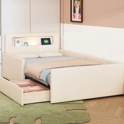 Okwish Lit avec rangement 90x200 cm - Lit enfant capitonné avec veilleuse et port USB - Similicuir + Métal - Sans matelas - Beige